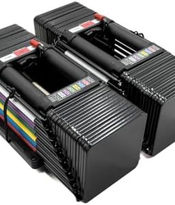 PowerBlock Elite USA 90 Pound Adjustable Dumbbells, Sold in Pairs, 5-90 lb. Dumbbells, Durable Build, Innovative At Home Workout Equipment, Includes Stage 1, 2 & 3 Expansions Gray